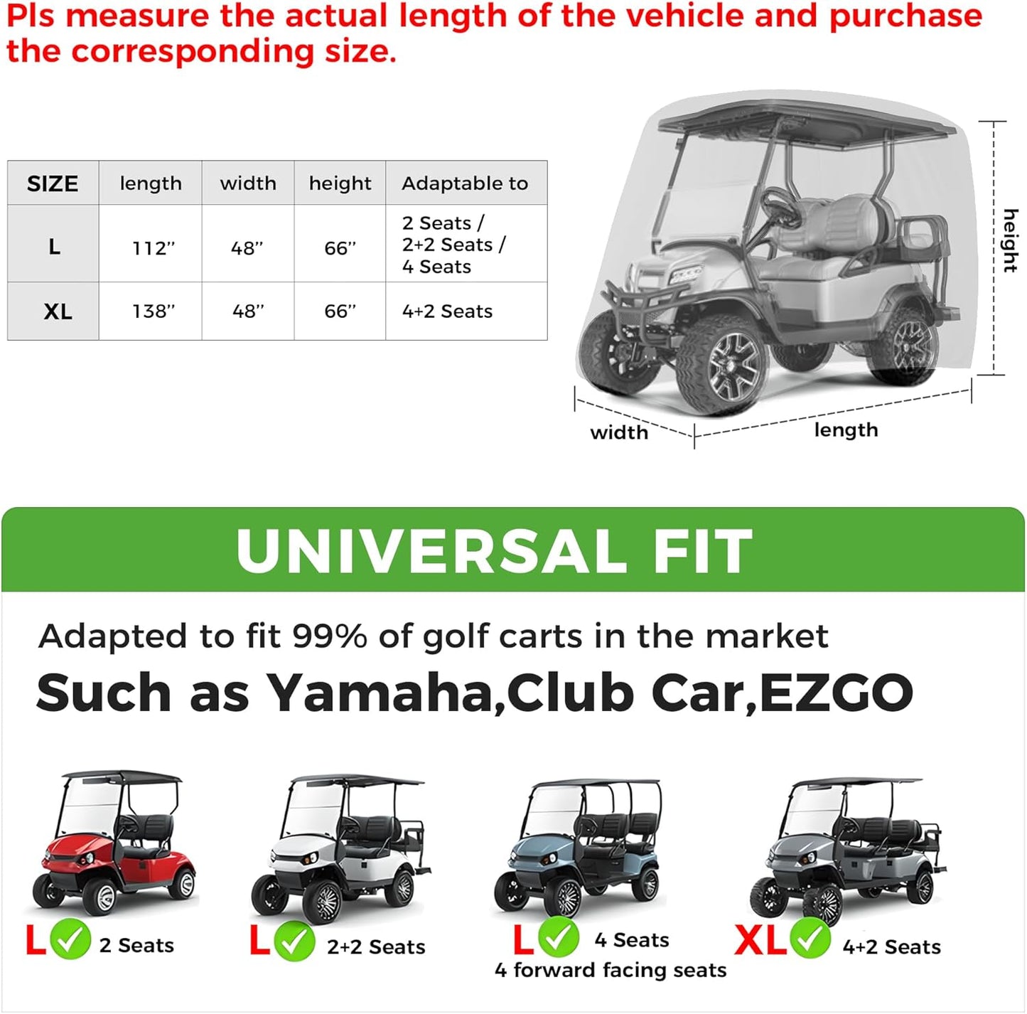 2/4/4+2 Passenger Golf Cart Cover Fits for Yamaha EZGO Club Car, 420D Waterproof Durable Polyester Golf Cart Cover with Three Zipper Doors Windproof Sunproof - Black/Army Green/Sliver
