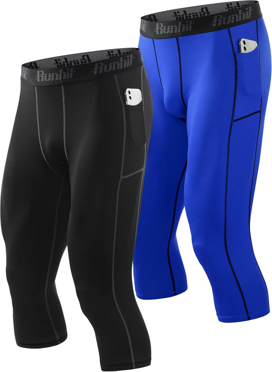 3/4 Men'S Compression Pants with Pockets,Workout Athletic Tights Leggings Athletic Base Layer Underwear