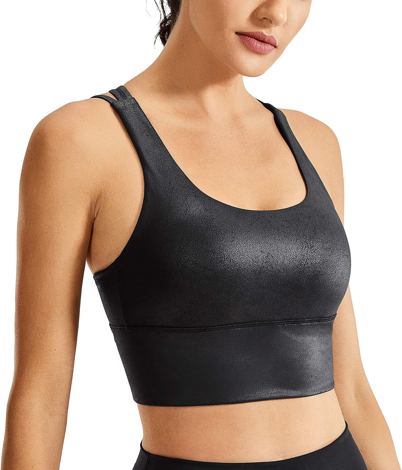 Women'S Medium Impact Wirefree Padded Strappy Longline Sports Bras Faux Leather- Black Plain Large
